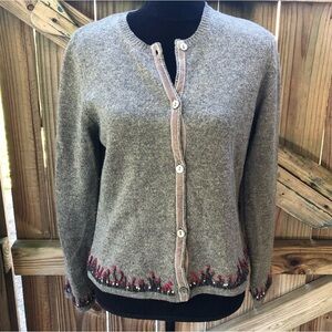 Sorbe Gray Long Sleeve Lambswool Cardigan Sweater with Embroidered Floral Size M